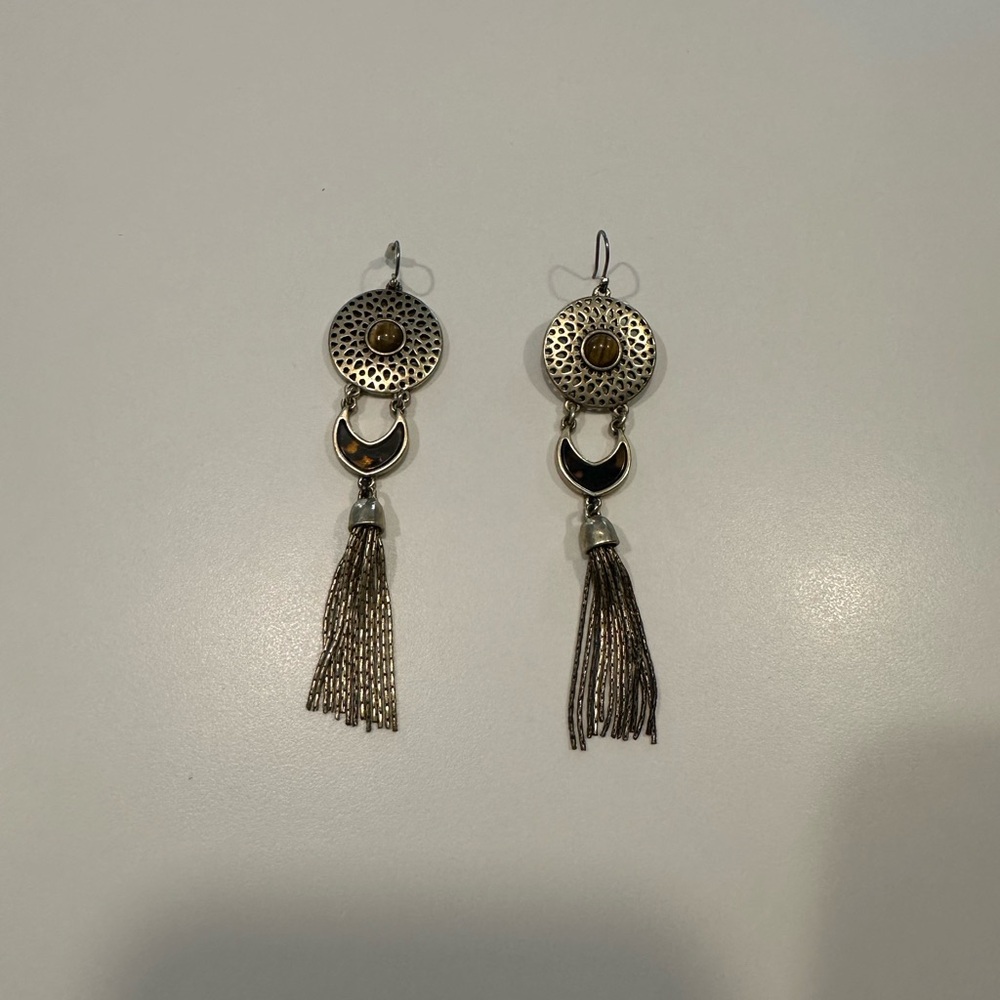 Lucky Brand Silver-Tone Tassel Drop Earrings with Amber Accents